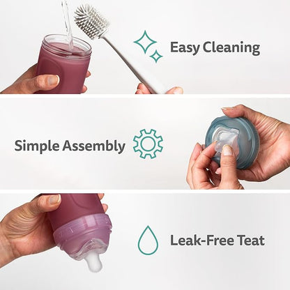 Herobility Glass Baby Bottle - 11 fl oz/320 ml - 3 Pack | Heat Sensing Color-Changing Bottle with Double Anti-Colic Nipple - Silicone Coating - Breastlike Nipples for Newborn Babies - Teal Color