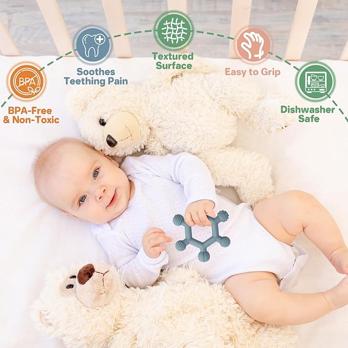 3 Pack Baby Teething Toys, BPA-Free Silicone Baby Teether Toys Teething Relief, Chew Toy for Babies 6-24 Months (Green & Blue & Pale Pink)