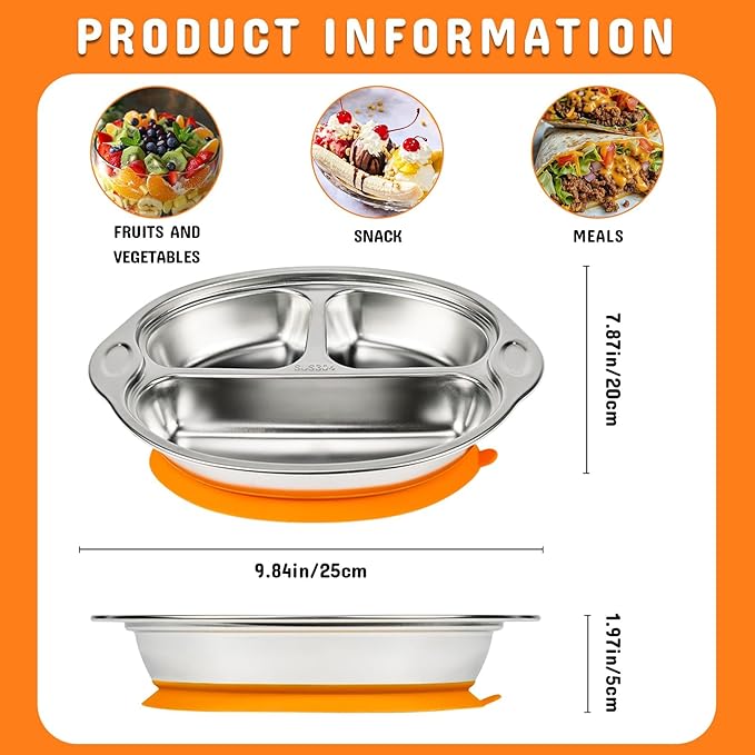 Stainless Steel Baby Suction Plates: Divided Plates for Babies & Toddlers, BPA-Free, Dishwasher Safe, Orange
