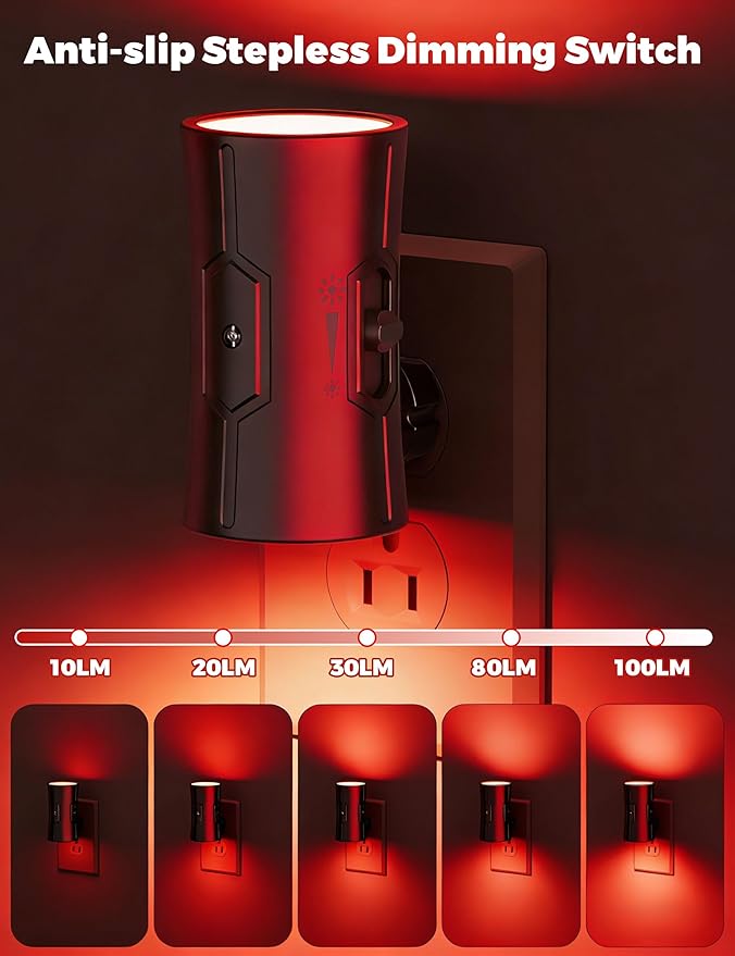 Night Light, 2-Pack Dimmable Plug-in Night Light with Auto On/Off & 90°Rotatable Plug, 0-100LM Adjustable Brightness,1W Ultra Low Energy for Bedroom, Hallway, Bathroom, Nursery, Kids Room, Red