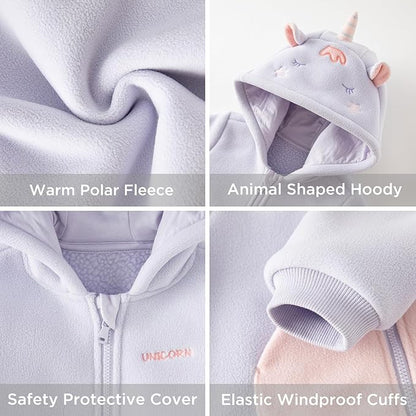 DAVE&BELLA Animal Jumpsuit for Baby Boy Girl, Hooded Winter One-Piece Romper Zip Up Fleece Infant Bodysuit with Snap Closure