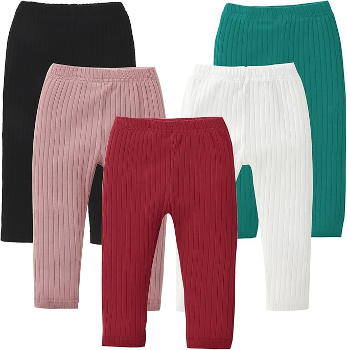 DREAM BUS 5 Pack Toddler Girl Pants Baby Girl Solid Ribbed Pants Toddler Girls Bottoms Leggings Newborn Cotton Jogger