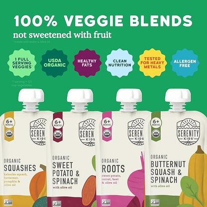 Serenity Kids 6+ Months Veggie Puree Baby Food Pouches - USDA Organic Baby Food - BPA-Free Allergen-Free Toddler Pouches - On-the-Go Toddler Meals - 3.5 Oz, 8 Pack
