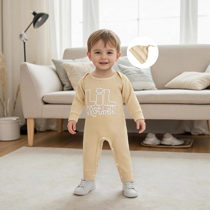 Newborn Baby Boys Romper Long Sleeve Little Brother Letter Print Ribbed Bodysuit Jumpsuit Infant Coming Home Outfit