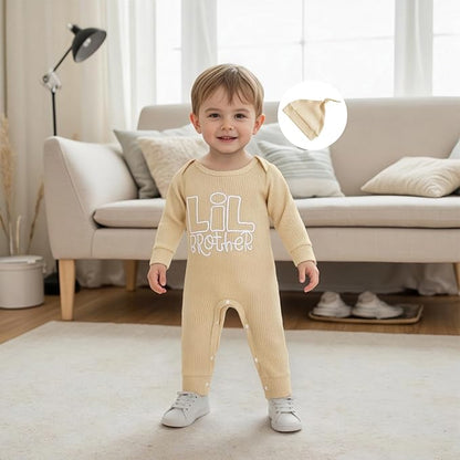 Newborn Baby Boys Romper Long Sleeve Little Brother Letter Print Ribbed Bodysuit Jumpsuit Infant Coming Home Outfit