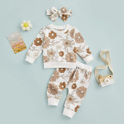 3Pcs Baby Girl Outfits Daisy Sweatshirt + Pants + Headband Infant Fall Winter Clothes