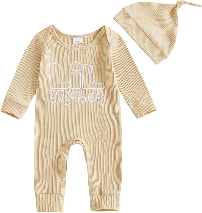 Newborn Baby Boys Romper Long Sleeve Little Brother Letter Print Ribbed Bodysuit Jumpsuit Infant Coming Home Outfit