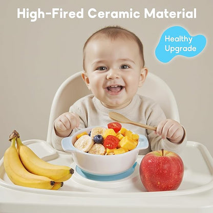Ceramic Suction Bowl for Babies and Toddlers, Non-Slip Silicone Suction Cup, BPA-Free Lids, Independent feeding, First Stage Self Feeding Essential, Led Weaning Snack Feeder BLUE