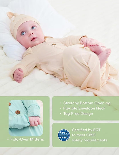 PATPAT Baby Sleeper Gown with Bamboo Viscose for Newborn Girls Boys, Knotted Nightgown with Mittens for Infant Home Coming
