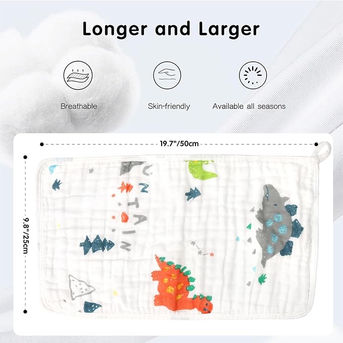 Muslin Burp Cloths 100% Cotton 20''x10'' Hand Washcloths for Baby, Super Soft and Absorbent 6 Layers Baby Burping Cloth for Boys Girls (Dinosaur & Animals, 6 Pack)