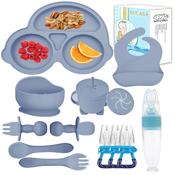 Silicone Baby Feeding Set,Miicasa Baby Led Weaning Supplies Kit With Suction Bowl & Car Plate, Bib, Spoon, Fork, Cup - Food-Grade Silicone, Dishwasher-Safe, No BPAs - For 3+ Months