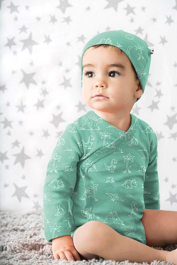 Babysoy Organic Baby Newborn Long Sleeve Pattern Kimono Wrap Around Side Snap Bodysuit/Onesie for Unisex Infants