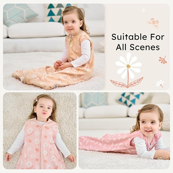 Baby Sleep Sack 12-18 months, 100% Cotton Sleeping Sack for Newborn and Infant, 3 Pack Baby Wearable Blanket for Boy and Girl, 0.5 Tog Lightweight Double Zipper Sleep Bag Pink Orange Flower