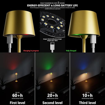 Compact Cordless Table Lamp, Rechargeable LED Night Light, Dual Light Source (RGB Top & Warm Bottom), Touch Control & Timer, Metal Lamp for Bedroom & Kids Room (Golden 1-Pack)