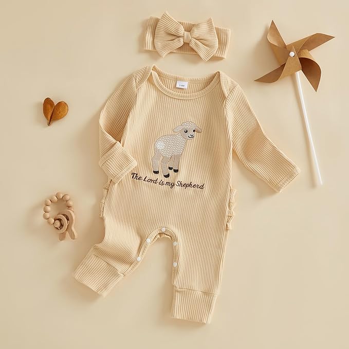 allshope Infant Baby Girl Fall Outfit Romper Ribbed Embroidery Onesie Jumpsuit Long Sleeve Bodysuit Cute Newborn Clothes