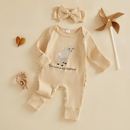allshope Infant Baby Girl Fall Outfit Romper Ribbed Embroidery Onesie Jumpsuit Long Sleeve Bodysuit Cute Newborn Clothes