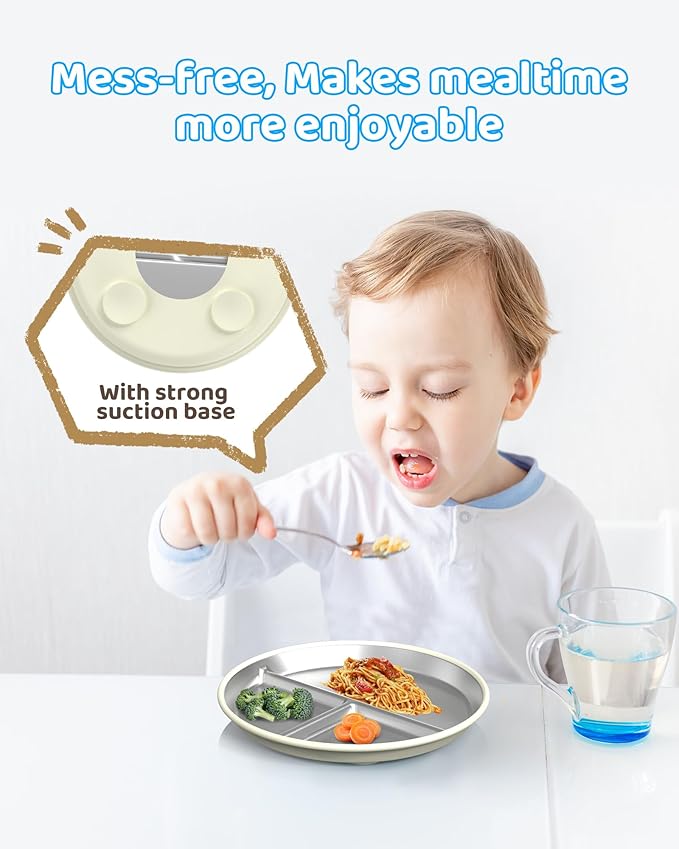 Stainless Steel Kids Plates (2 Pack): 9" Divided Plates with Silicone Suction for Babies, Unbreakable Dinner Dishes for Toddlers, Non Toxic, BPA Free, Anti-Slip, Dishwasher Safe (Bule & Yellow)