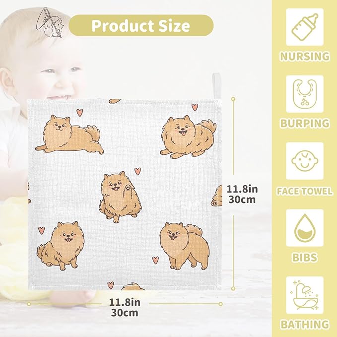 vvfelixl Funny Pomeranian Spitz Dogs Baby Burp Cloths Baby Muslin Washcloths for Boys Girls Cotton Baby Face Towel for Newborn Infants Soft and Absorbent 11.8 X 11.8 in, 5 Pack