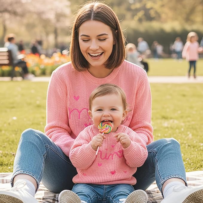 Mommy and Me Sweater Matching Family Outfit Long Sleeve Knit Sweater Pullover Mom and Baby Clothes