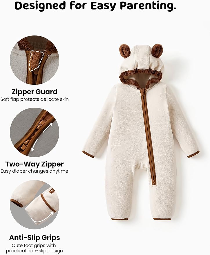 PATPAT Fleece Hooded Footed Clothes, Soft Warm Footie Covers, Car Seat Friendly, Easy Zip,Cute Romper Newborn Infant Jumpsuit