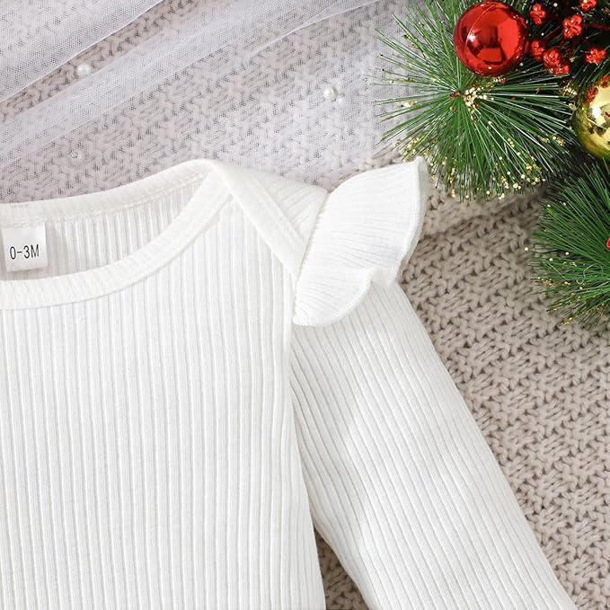 Baby Girls Christmas Outfit Long Sleeve Ruffled Romper+Green Red Velvet Tutu Skirt+Headband Xmas Dress