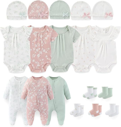 Baby Boy Girl Layette Set 18 Piece Infant Essentials Must Haves Clothes 0-9 Month Rompers+Bodysuits+Hats+Socks