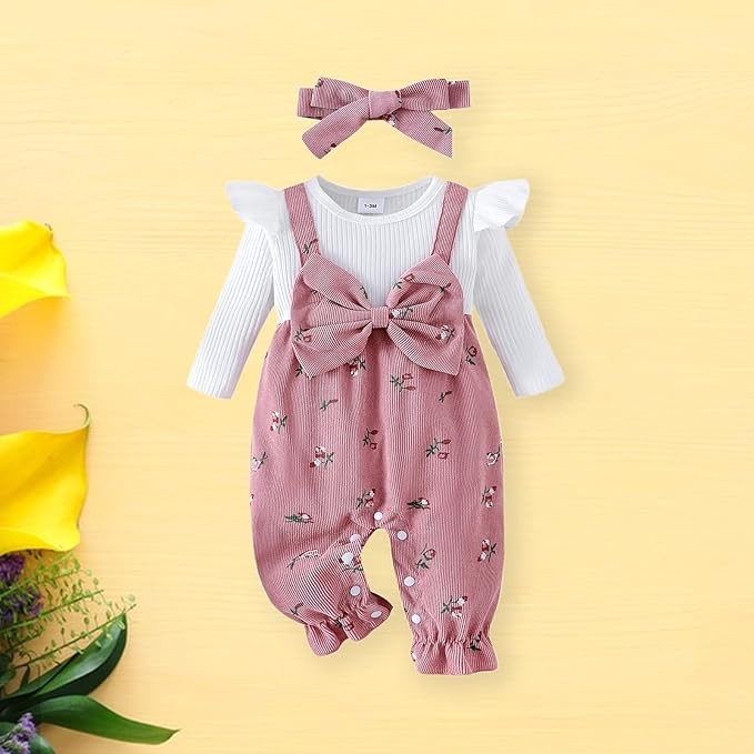 Newborn Baby Girl Clothes Corduroy Floral Bow O Neck Long Sleeve Romper Infant Jumpsuit Cute Outfits Headband