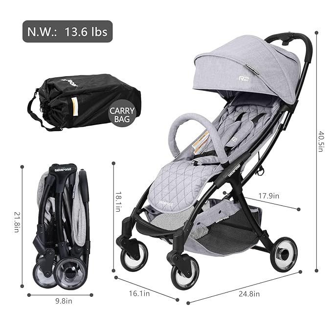 Beberoad Love R2 Small Travel Stroller Compact Strollers Foldable Lightweight Baby Stroller for Airplane, Infant with Adjustable Backrest, Cup Holder and Waterproof Canopy, Gray
