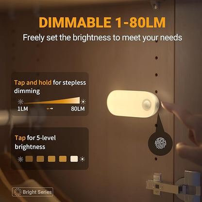 Lyridz Rechargeable Night Light with Motion Sensor, 1500mAh Battery Operated Nightlights, Stick-on LED Closet Light, 1-80LM Dimmable Brightness for Bathroom, Kitchen, Stairs, Hallway, 3 Packs