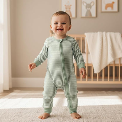 Karuedoo Newborn Infant Baby Boy Clothes Striped Waffle Long Sleeve Zipper Romper Jumpsuit One-Piece Fall Winter Outfit