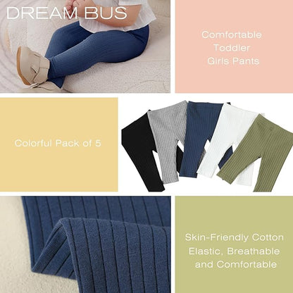 DREAM BUS 5 Pack Toddler Girl Pants Baby Girl Solid Ribbed Pants Toddler Girls Bottoms Leggings Newborn Cotton Jogger