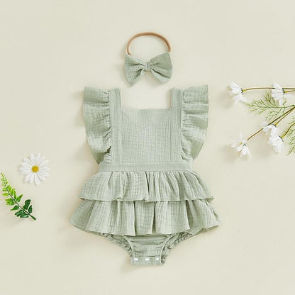Thorn Tree Baby Girl Summer Clothes Newborn Outfit Ruffle Romper Infant Baby Dress Bow Headband Solid Cute Outfits Girls