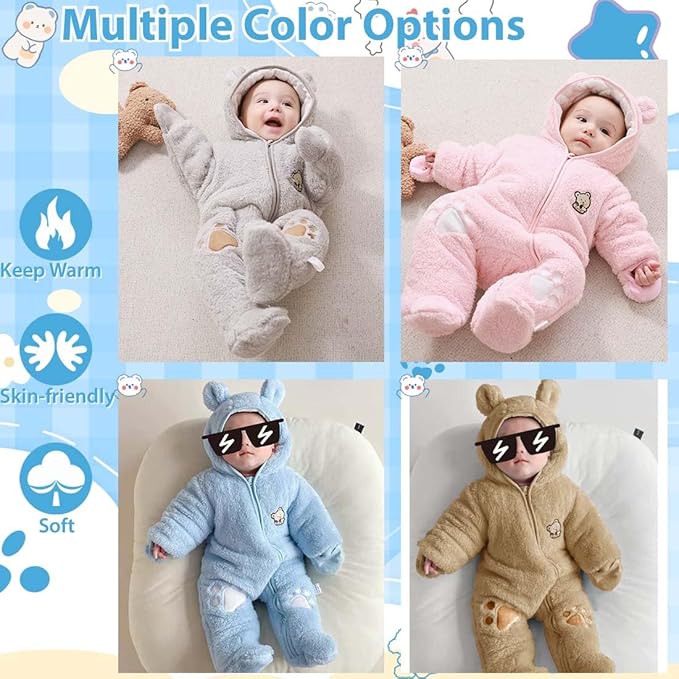 Fairy Baby Newborn Baby Snowsuit Bear Onesie Footie Romper Winter Thick Fleece Jumpsuit Infant Coat for Girls Boys 0-12M