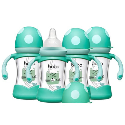 YOHKOH Natural Glass Baby Bottle with Natural Response Nipple, Wide Neck Baby Bottles with Handle, Newborn Anti-Colic Baby Bottles Gift Set, Clear (5.4oz (Pack of 4), Blue)
