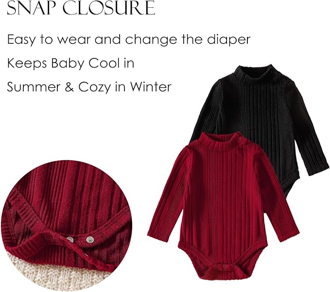 DEFAHN Baby Turtleneck Bodysuit Long Sleeve Boy Girl Ribbed Knit Jumpsuit Outfit 2 Pack Baby Solid Onsies 0-24 Months