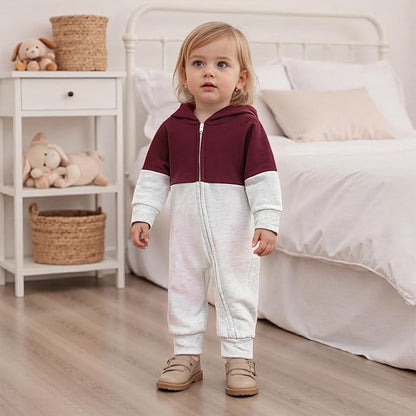 Newborn Baby Boy Fall Outfit Romper Long Sleeve Hooded Contrast Color Zipper Onesie Jumpsuit Bodysuit Infant Clothes