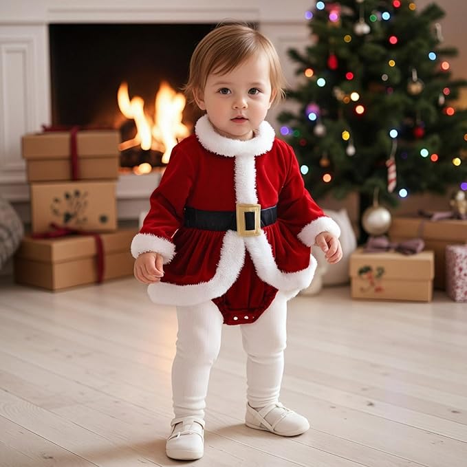 Newborn Christmas Outfit Baby Girl Plaid Romper Dress Infant Ruffle Long Sleeve Ribbed Bodysuit Headband Clothes