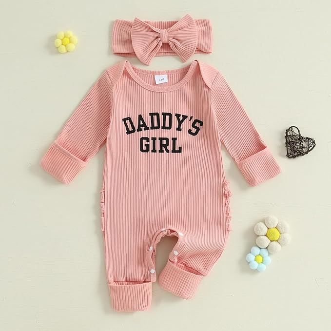WZTYYDS Newborn Baby Girl Clothes Ribbed Romper Print Long Sleeve Jumpsuits Bow Headband Set Infant One-piece Outfits