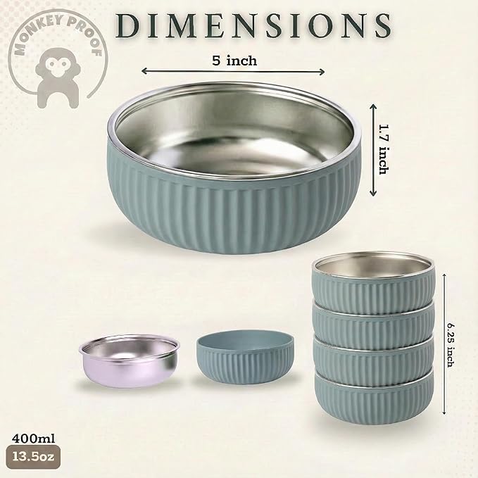 Monkey Proof™ Non-Toxic Stainless Steel Child Bowl 5” with Non-Slip Grooved Silicone Shell, (Set of 4 bowls) Unbreakable, Mess Free Feeding for Babies, Toddlers, Kids, BPA free (Stormy Sky Grooved)