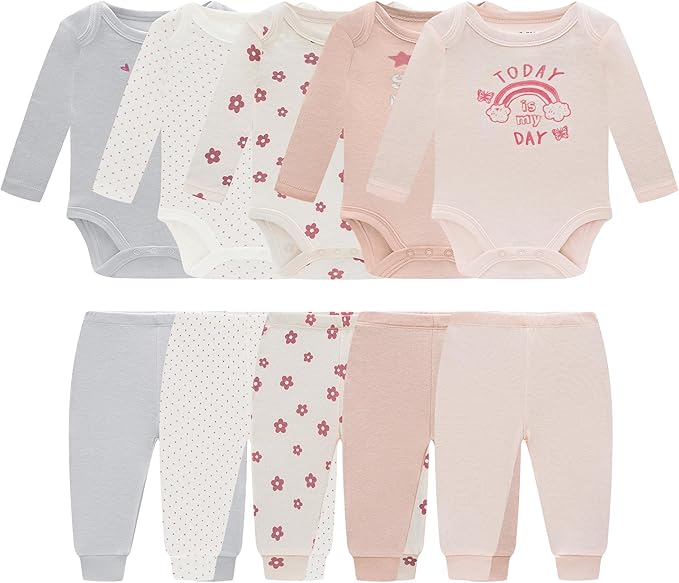 Baby Newborn Layette 10-Piece Clothing Sets Soft Cotton Bodysuits Pants Sets for Baby Boys Girls Toddler Unisex
