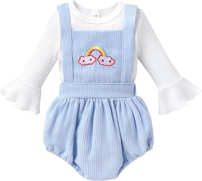 Tiny Cutey Newborn Baby Girl Clothes Bell Sleeve Romper and Corduroy Overalls Shorts Infant Girl Fall Outfits