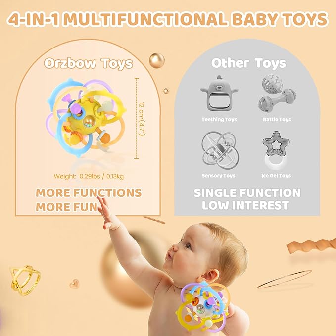Orzbow Sensory Teething Toys for Babies, Baby Montessori Toys 3-6-12-18 Months, Infant Teethers Relief Chew Toys, Silicone Baby Rattle Toys - Early Development Toy for Toddlers, BPA Free, Yellow