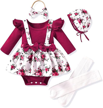 Unutiylo Preemie Newborn Baby Girl Clothes Romper Suspender Dress Fall Winter Outfits Ruffle Long Sleeve Jumpsuit