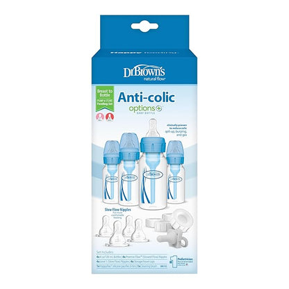 Dr. Brown’s Natural Flow Anti-Colic Options+ Narrow Breast to Bottle Pump & Store Feeding Set with Slow Flow Nipples, Baby Bottle Travel Caps and 100% Silicone HappyPaci One-Piece Pacifier, Blue
