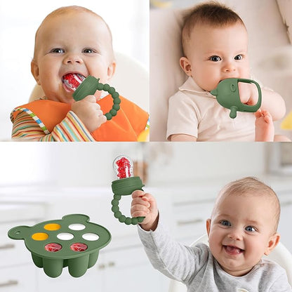 Baby Fruit Food Feeder Breastmilk Popsicle Molds for Teething Relief - 3 Pack Feeding Sets -1 Freezer Tray with Lid & 1 Teether & 1 Silicone Pacifier + 3 Extra Sizes Infant Feed Mesh (Olive Green)