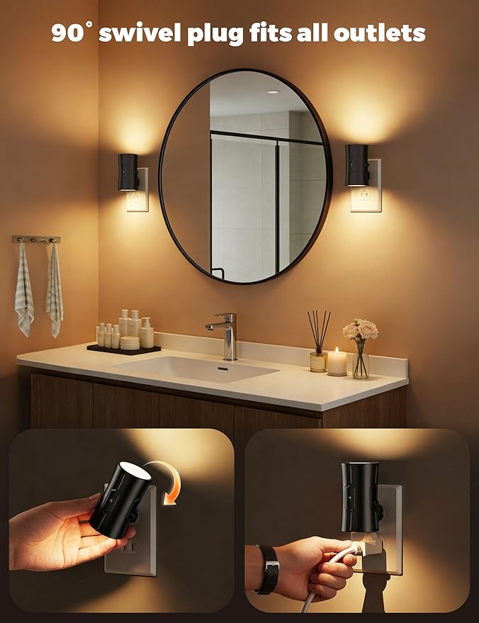 Night Light, 2-Pack Dimmable Plug-in Night Light with 90°Rotatable Plug, 0-100LM Adjustable Brightness, 3000K Warm White, 1W Ultra Low Energy for Bedroom, Hallway, Bathroom, Kids Room