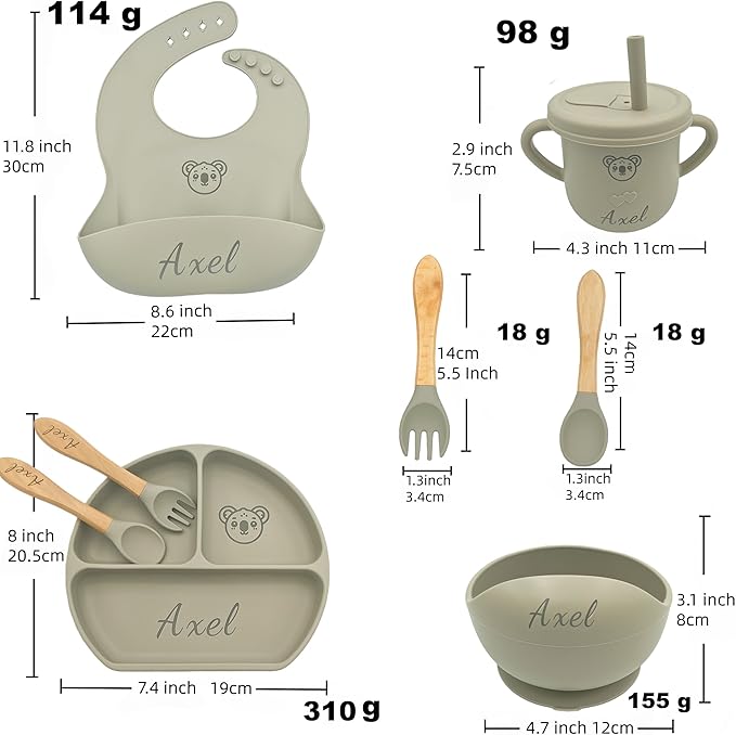 Personalized Name Food Grade 6pcs Baby Feeding Set with Spoon, Fork,Silicone Suction Bowls,Cup,Plate,and bib BPA Free - First Stage Self Feed (Color Grey-Green Y20)