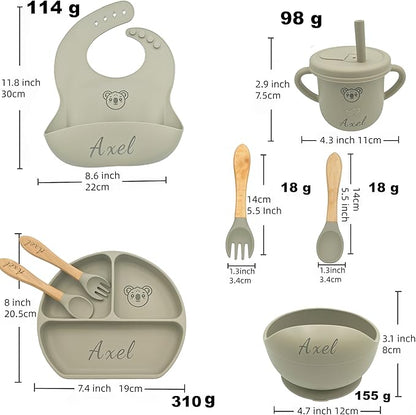 Personalized Name Food Grade 6pcs Baby Feeding Set with Spoon, Fork,Silicone Suction Bowls,Cup,Plate,and bib BPA Free - First Stage Self Feed (Color Grey-Green Y20)