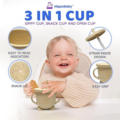 Baby Led Weaning Supplies | 10 Piece Silicone Baby Feeding Set | Baby Toddler Bib Cup Divided Plate and Bowl Self Feeding Spoons Dish Set | Baby Utensils | Toddler Feeding Supplies (Cream)