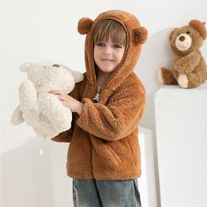 Baby Toddler Boys Girls Fleece Jacket with Hood Zip Up Cute Bear Coats for Infant Boys Girls Fuzzy Jacket with Ear 1-5T